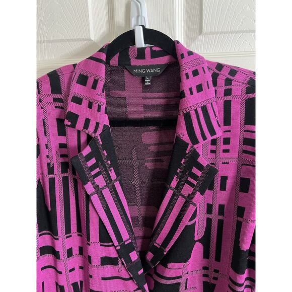 MING WANG Purple Black Abstract Soft Knit Tailored Blazer Jacket Sz L - Picture 5 of 12